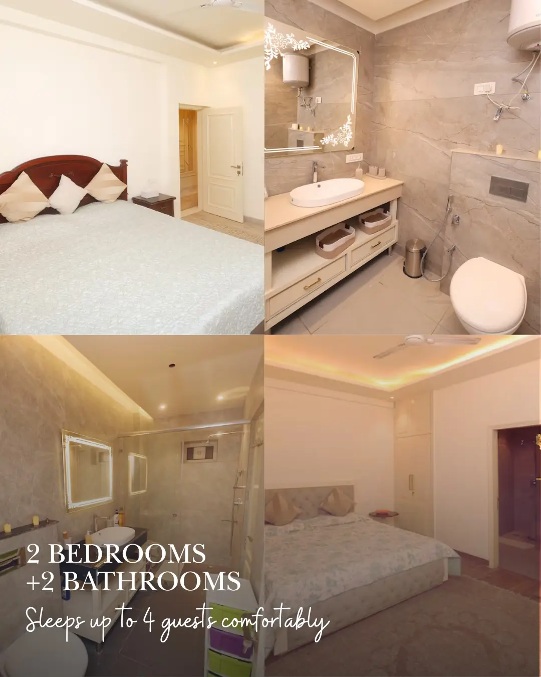 2 bedrooms + 2 bathrooms, sleeps 4